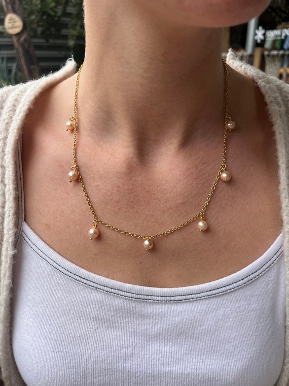 Multi Charm Pearl Necklace, Pink Pearl Necklace, 20’ Necklace, Gold Necklace, Pink Jewelry, Pearl Necklace, Charms, Gift For Her, Dainty