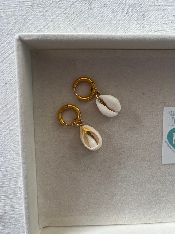 Shell Earrings, Hoops, Huggies, Huggies with charms, Sea Shell Jewelry, Hypoallergenic, Tarnish Free, Gold Earrings, Unique, Gift for her