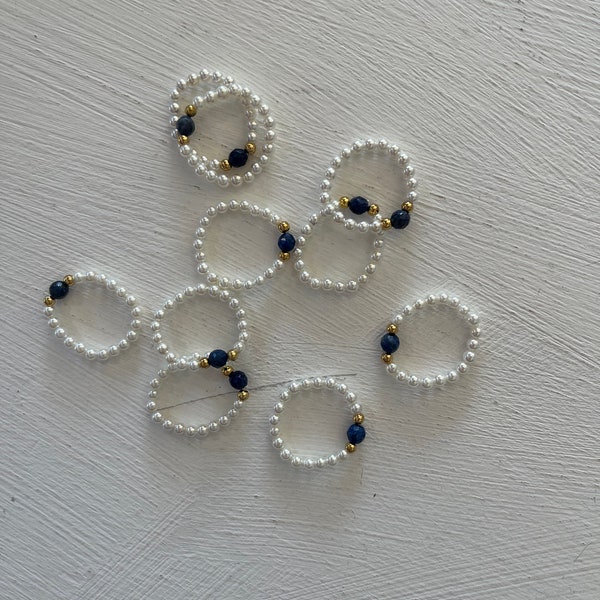Beaded Elastic Ring, Bead Ring, Stretchy Ring, White Ring, Blue Ring, Cute Ring