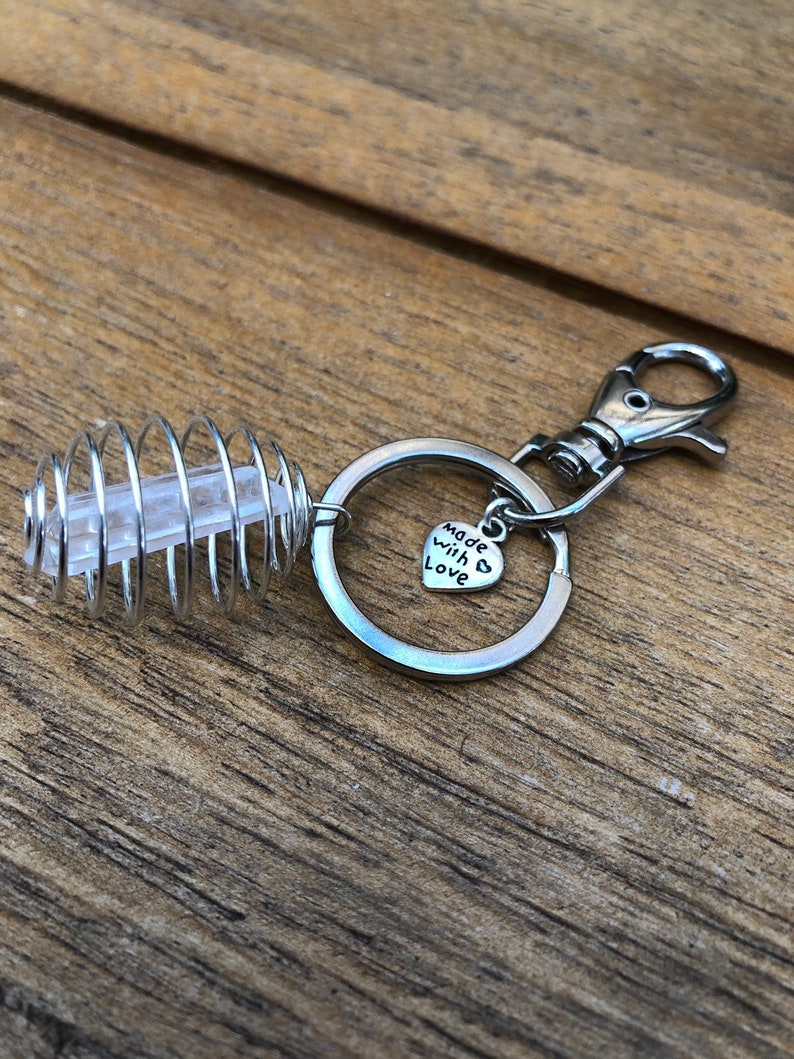 coiled keychain with clear quartz Unisex gift gemstone cage Cage crystal keychain caged crystal coiled keychain gift for dad