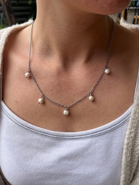 Pearl Necklace, White Pearl Necklace, 20’ Necklace, Silver Necklace, Silver Jewelry, Stainless Steel, Charms, Gift For Her, Multi Charm