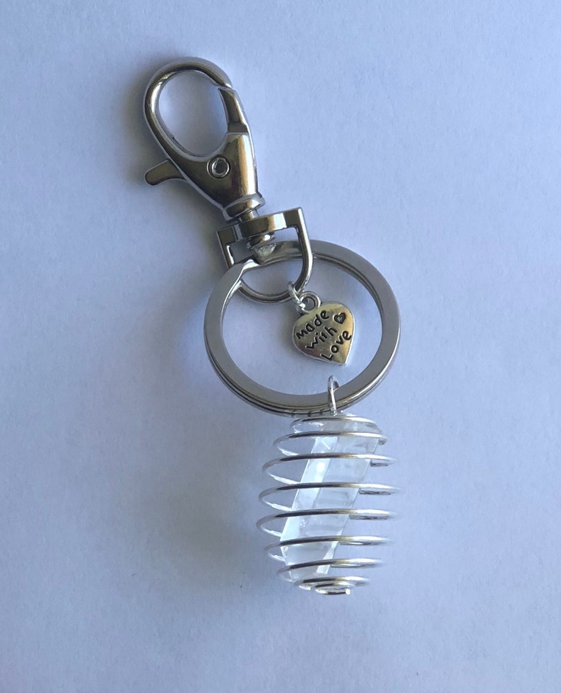 coiled keychain with clear quartz Unisex gift gemstone cage Cage crystal keychain caged crystal coiled keychain gift for dad