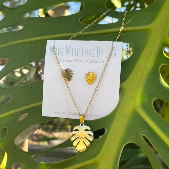 Monstera Earring and Necklace Set, Gold Color Jewelry, Plant Jewelry, Monstera Plant Jewelry, Stainless Steel, Plant Lover Jewelry