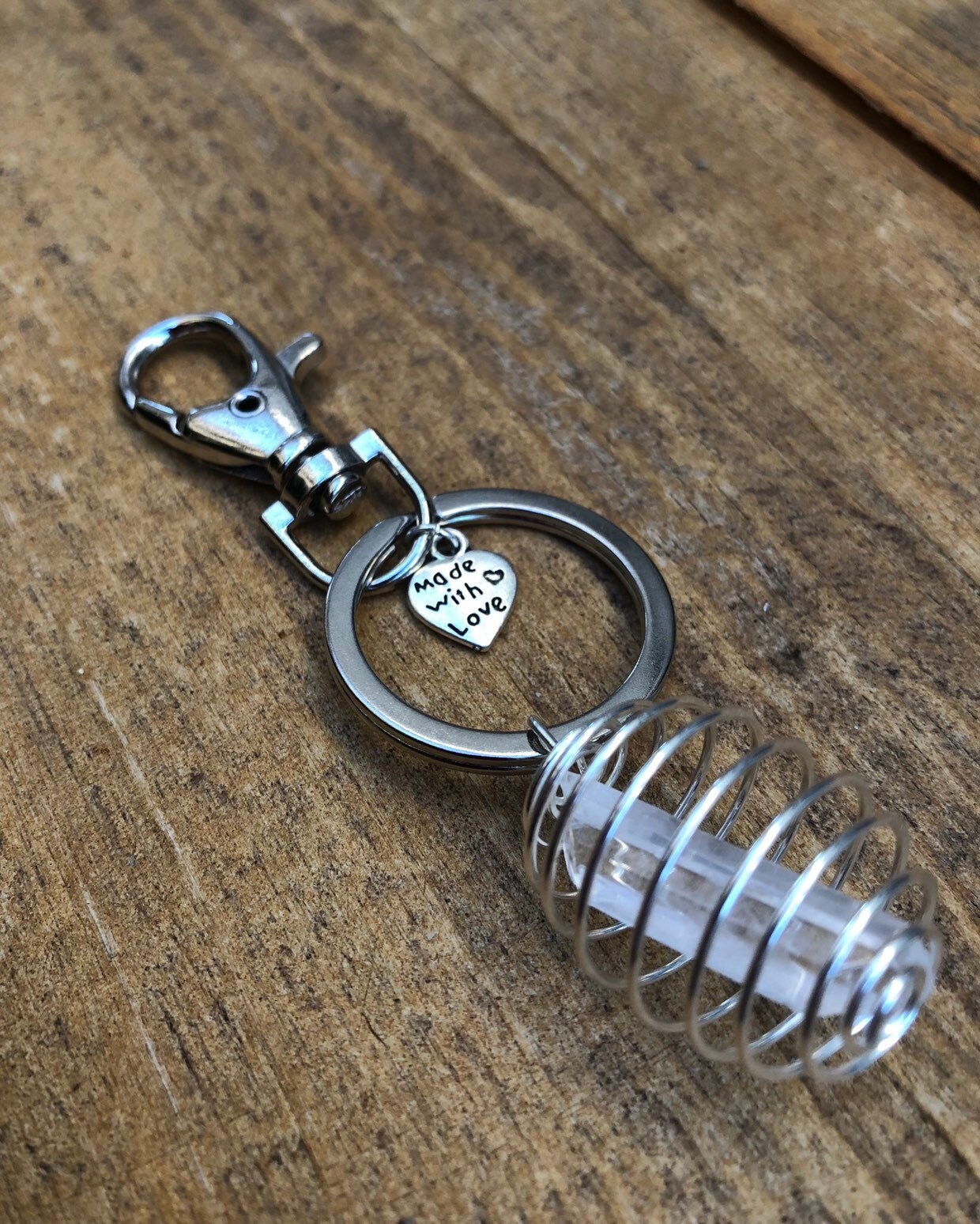 coiled keychain coiled keychain with clear quartz Unisex gift gift for dad caged crystal Cage crystal keychain gemstone cage