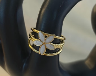 Gold Flower Ring, 3-Layer White Petal Stacking Ring, Size 7