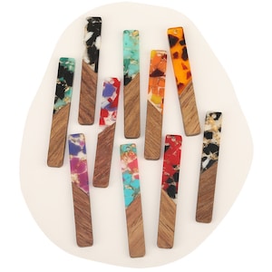 10pcs Epoxy Resin Pendants, Long Stick Translucent White Resin Findings, Wood and Resin Pendant, Color Blocked, Bar Charm DIY earring making