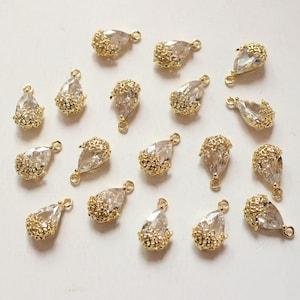 6pcs Real Gold Plated Teardrop Charm,Tiny Mini CZ Pave Charm, Teardrop Birthstone Charm, April Birthstone Charm Jewelry Accessories