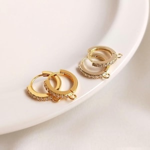 4Pcs Real Gold Plated Cubic Zirconia Hoop Earrings, Round Leverback Ear Wires,French Clip Earrings One Touch Huggie Hoop Earring Findings