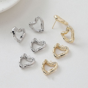 10PCS Real Gold Plated Brass Earring Posts, Earring Stud,Heart Shape Ear Studs, Earring accessories,925 Sterling silver ear stick / 19X20mm