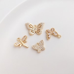 6pcs Gold plated Brass cubic zirconia ButterFly/Dragonfly Charms for jewelry Charms pendant, Necklace Charms, Gold Plated Findings