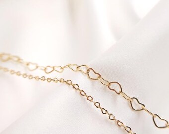1 Meter 14K Gold Plated Brass Heart Flat Cable Chain , Tiny Soldered Chains