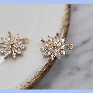 10PCS Full Cubic Zirconia Real Gold Plated Brass cz Pave Flower charms, Snowflake charm pendant, Earring accessories