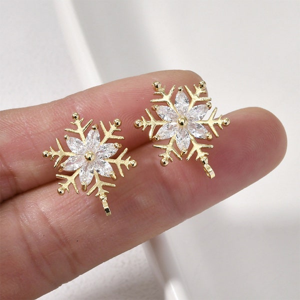 6PCS Real Gold Plated Brass CZ Pave Zircon Snowflake Earring Studs With 925 Sterling Silver Pin,Snowflake Posts, Earring accessories