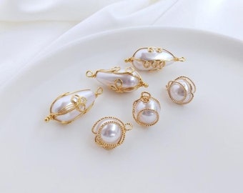 4pcs 14K Gold Plated wire Wraped Imitation Pearl pendant, DIY Necklace Pendant Jewelry