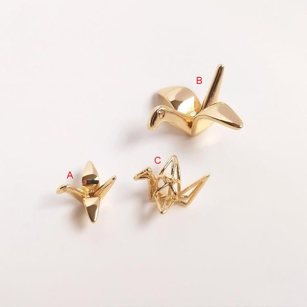 6pcs Gold Plated Origami Crane Necklace Pendant, Origami Paper Crane Charms, Bird Beads Charm,  with A Hole Drilled Through