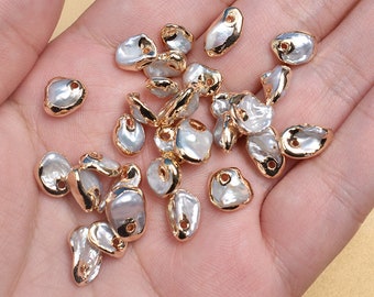 6 piezas de abalorios de perla barroca natural, conector irregular, colgante de perla con borde chapado en oro