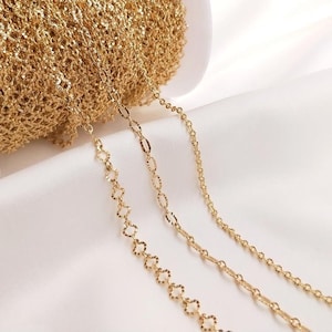 1Meter(3.2feet)-Büroklammerförmige Kette, Minimalist Look Kabel Kette, dünne facettierte ovale Gliederkette, 14K echt vergoldet über Messing
