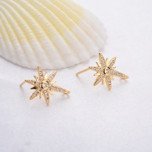 10PCS Real Gold Plated Brass Zircon Star Earrings Posts, Earring Stud,Tiny Mini Star Ear Studs with loop Earring Attachment
