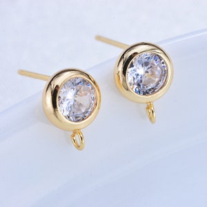10pcs gold plated cz pave earrings,Round Cubic Zirconia ear stud, post earring with loop,Earrings accessories,925 sterling silver ear stick