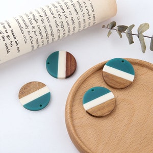 4pcs Epoxy Resin Pendants,Semi Translucent White Resin Findings,Wood and Resin Pendant,Color Blocked, Large Round Charm DIY earring Findings