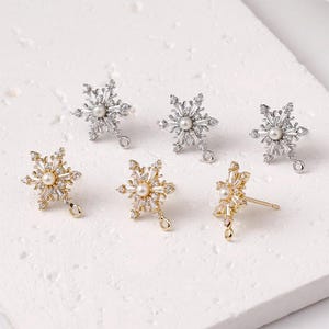 4pcs Gold Plated Brass cz Pave Earring Posts, Earring Stud,Snowflake Ear Studs, Jewelry Making