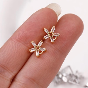 Gold Plated CZ Pave Snowflake Earring Posts - 4pcs