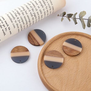 4pcs Epoxy Resin Pendants,Semi Translucent White Resin Findings,Wood and Resin Pendant,Color Blocked, Large Round Charm DIY earring Findings