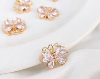 2pcs Gold Plated Crystal Butterfly Charm, CZ Pave Zircon Necklace Pendant Jewelry Making Supply