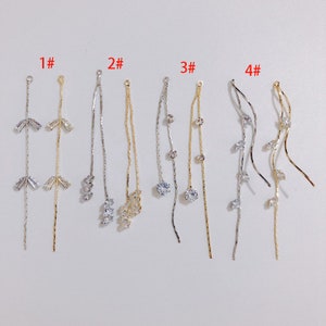 10pcs Real gold plated CZ branch leaf Tassel Drop charm,Long Metal Tassels Chain Threader ,Jewelry Earrings Findings Supplies