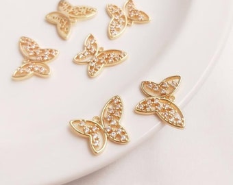 6pcs Gold plated Brass cubic zirconia ButterFly Charms for Jewelry Pendant,Earring Pendant,Necklace Charms,Gold Plated Findings