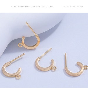 14K Gold Plated Brass C Shape Ear Studs: Sterling Silver Posts, 10pcs