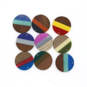 4pcs Epoxy Resin Pendants, Round stripe Translucent White Resin Findings, Wood and Resin Pendant, Color Blocked, Large Round Charm earring