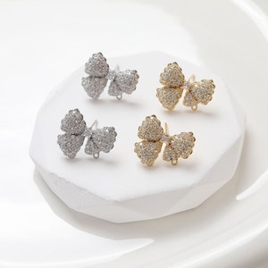 4pcs Real 14K Gold Plated Brass CZ Pave Zircon Bowknot Ear Studs Knot Earring Studs With 925 Sterling Silver Pin jewelry Earrings Attachment
