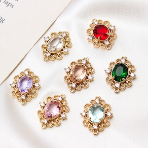 6pcs Crystal Glass Pendant Charms: Gold Framed Gemstone Connectors
