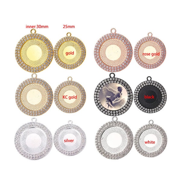 50pcs Sublimation Blank gold medallion Rhinestone Circle Necklace Pendant ,Bezel Trays ,Wholesale supplies DIY Jewelry Kit Cabochon Crystals