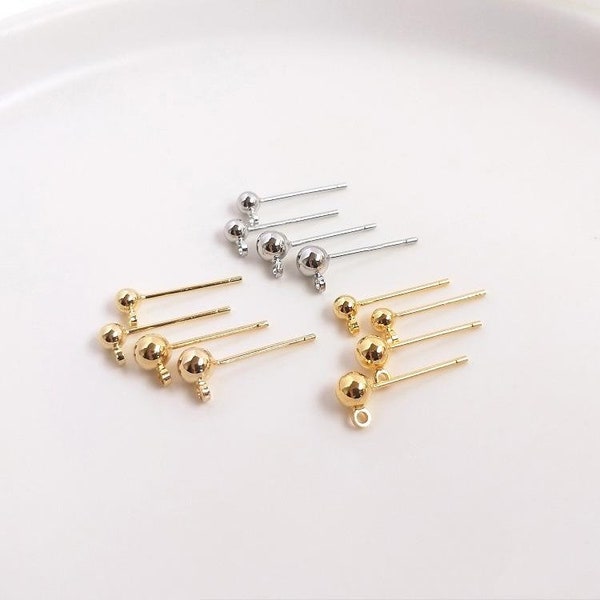 10pc18K de alta calidad 3MM / 4MM pendiente de bola w / ring, perno de oreja de bola, alambre de oro, round ball Post whit loop, accesorio de pendiente, hipoalergénico