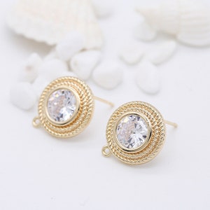 6pcs Real Gold Plated Brass Round Earring Posts,Zircon CZ PAVE Earring Stud,Zircon Round Ear Studs,With 925 Sterling Silver Ear Stick