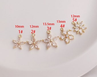 4 Stück CZ Pave Blumen Anhänger, zierliche Blumen Charms, Halskette Charm, Armband Charms, Blumen Connector Charm mit Schleifen Schmuckzubehör