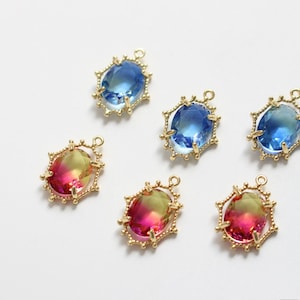 10pcs Vintage Crystal Glass Charm,Large Faceted Frame Glass Charm,Oval Gemstone Pendant, Gold Plated over Brass,DIY Jewelry Making Supplies