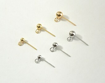 10pcs 14k Shiny Gold Ball Ear Posts, Ball Stud Earrings, Stainless Steel Earring Settings, Dainty Earrings, Ear Studs With Loop