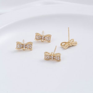 4pcs 14K Gold Plated Brass Bow Ear Studs Zircon Earring Posts, DIY Earrings Attachment