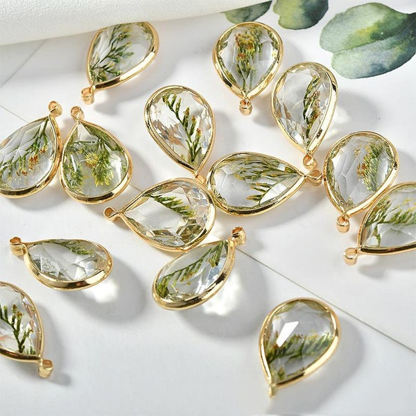 6pcs plaqué or sapin de noël feuilles breloques en résine, breloques de boucles d'oreilles en résine en forme de larme, pendentif en forme de larme, fournitures de fabrication de bijoux à bricoler soi-même