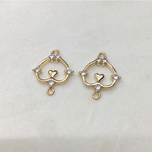 6pcs Real Gold Plated Heart Charm, Gold Initial Charm, Vermeil Heart Pendant, Gold Heart Connector, CZ Pave Charm