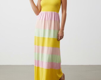 Vestido listrado sem alças, vestido vintage pastel