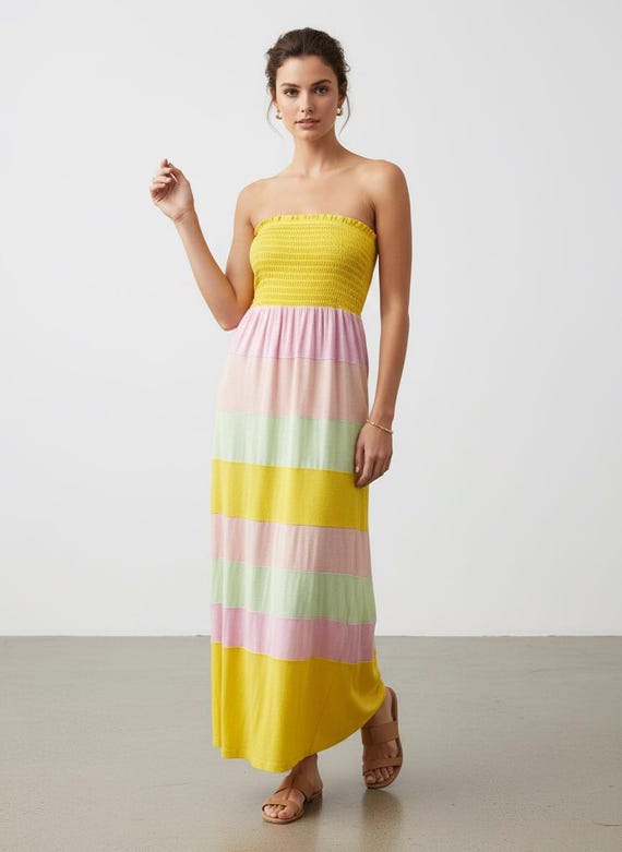 striped pastel dress Striped Strapless Dress, Vintage Pastel Dress
