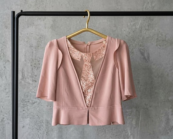 Sonia Rykiel, Sonia Rykiel Vintage Pink Sequin Top, Blush Pink Designer Blouse