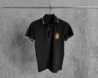 Men's Black Cotton Polo Shirt, Gold Emblem Detail, Smart Casual Top