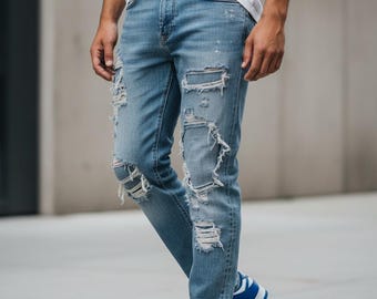 Distressed Denim Trousers Mens,  Vintage Designer Blue Jeans