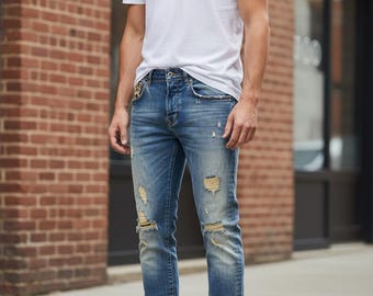 Distressed Style Denim Trousers Mens,  Vintage Designer Blue Denim Pants, VALUE!