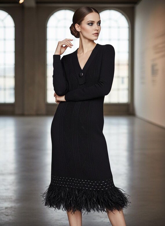 black feather hem dress Vintage Knitted - Munchu's V-neck Birthday Outfits | Sparkly Dresses_Maxi Add on:Dress and Party hat and fuchsia